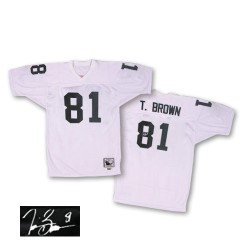 Mitchell and Ness Men's Authentic White Autographed Road Throwback Jersey Oakland Raiders Tim Brown 81